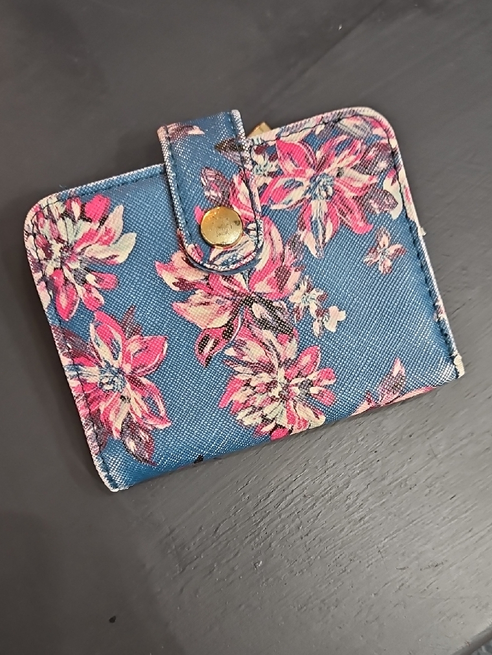Time and Tru Blue Floral Snap Wallet with Pink Flowers